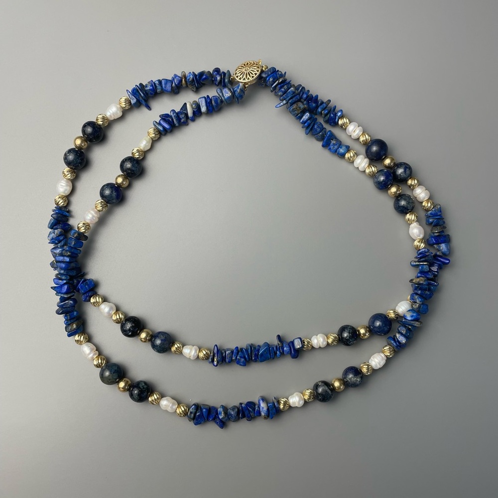 Blue lapis lazuli beaded necklace with gold beads and pearls 18”